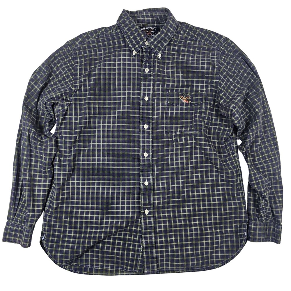 American Living Mens Large Plaid Button Down Shirt Navy Blue Green Long Sleeve L
